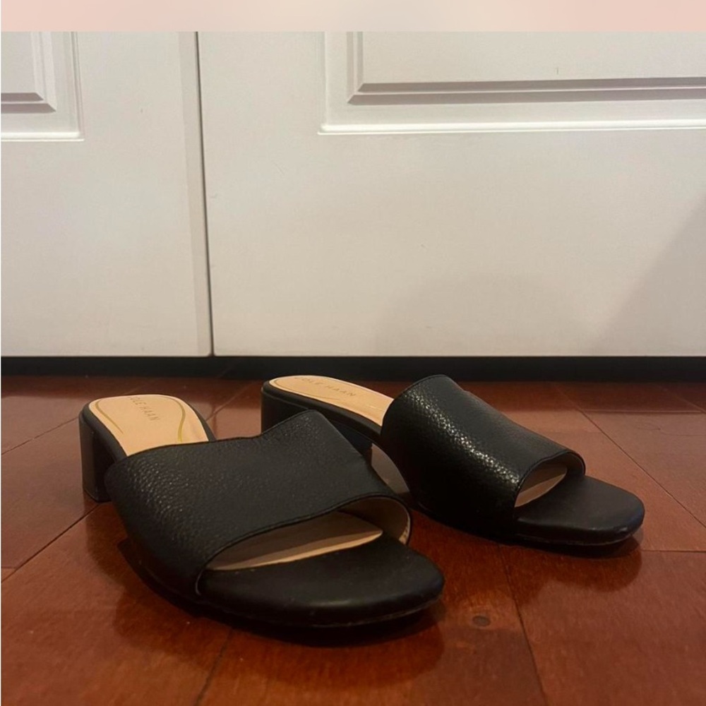Super cute and stylish Cole Haan black leather mules with a block heel
